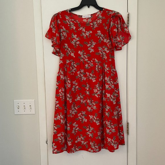 Chris & Carol Flutter-Sleeve Red Floral Midi Dress - Picture 1 of 4